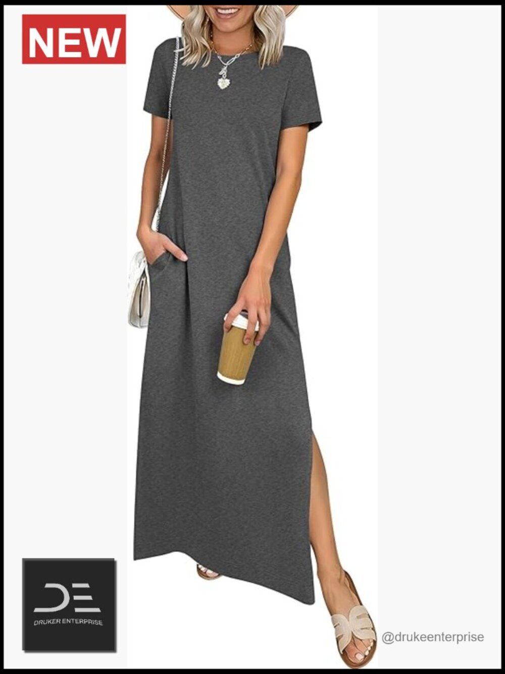 Womens Casual Maxi Dress Short Sleeve Crewneck Split Wrinkle-Free Travel